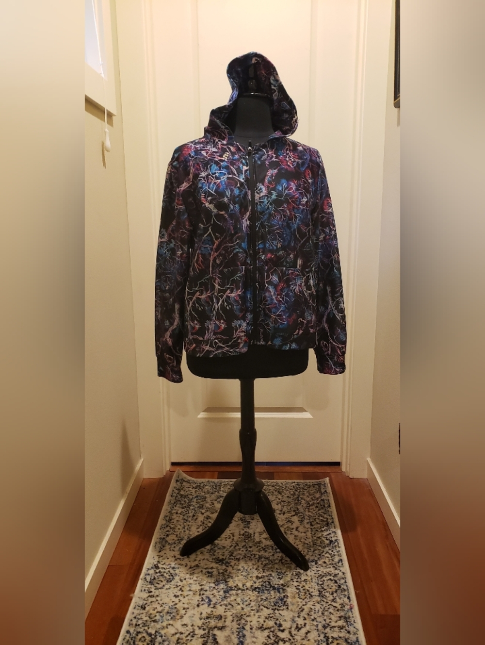 Lily Women's Hooded Zip Jacket in Black with Blue & Purple Print